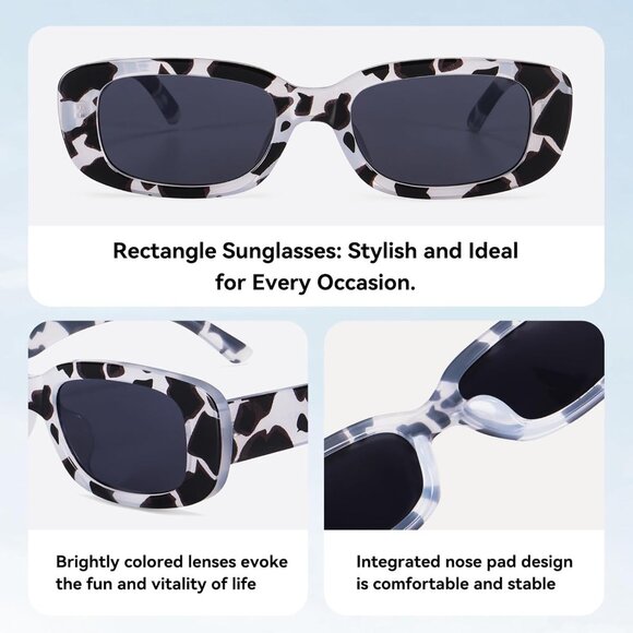 Trendy Rectangle Cow Print Sunglasses Women Men Retro Square Fashion Shades - Picture 4 of 5